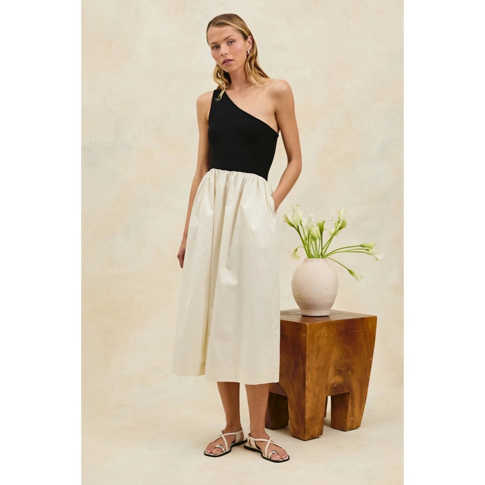 Rails Anita Midi Dress XS Black Cream One Shoulder Two-Tone Pockets